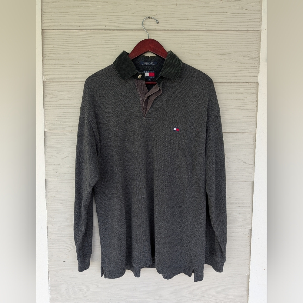 Tommy Hilfiger Polo Shirt Mens L Gray Corduroy Collar Long Sleeve Casual Preppy